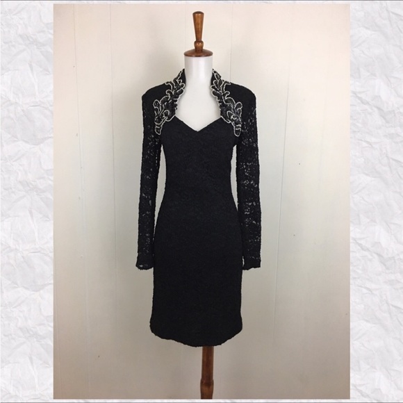 Vintage 80’s-90’s Lace Beaded V-Neck Sheath Dress - Picture 1 of 7